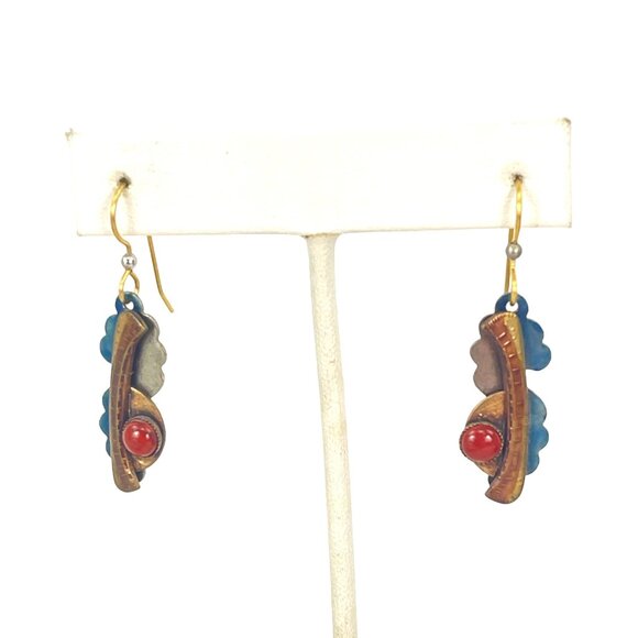 Brass Red Jasper Vintage Boho Dangly Earrings Blue Enamel Hand Made - Picture 3 of 8